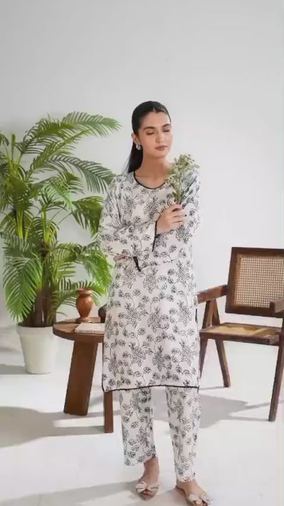 Stylish Collection Enchant Pret Linen Printed Co-Ord Set-Gulaab White