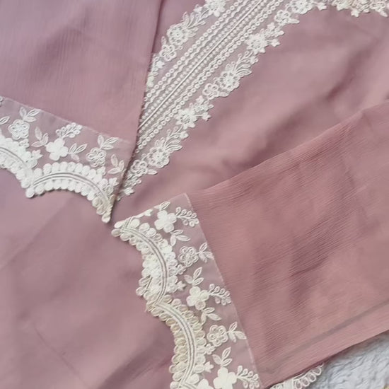 Savarna Chiffon Raw Silk Embroidered Stitched 3-Piece Suit-Beige Tea Pink 3