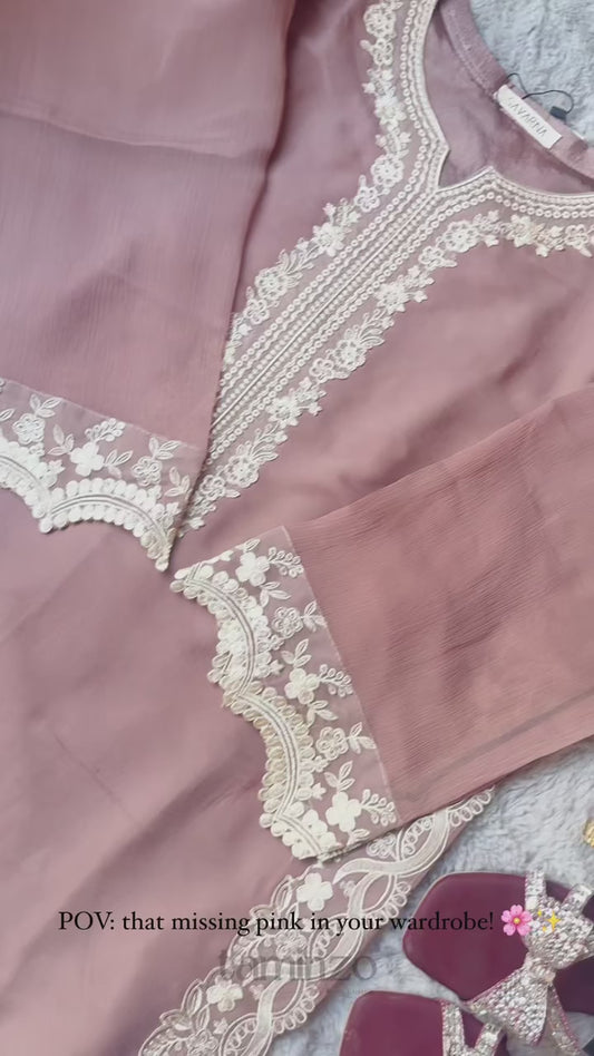 Savarna Chiffon Raw Silk Embroidered Stitched 3-Piece Suit-Beige Tea Pink 3