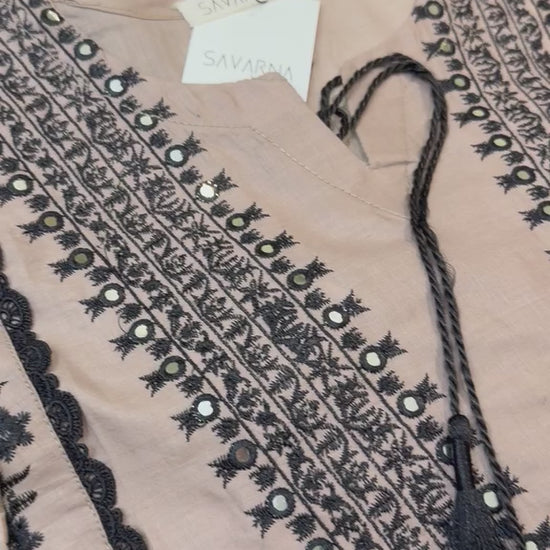 Savarna Cotton Embroidered Stitched 2-Piece Suit-Beige Black 46
