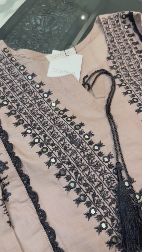 Savarna Cotton Embroidered Stitched 2-Piece Suit-Beige Black 46