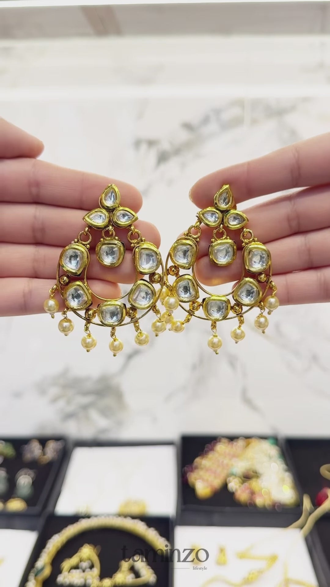 Golden-H&A Jewellery Indian Kundan Earrings with Semi-Precious Stones