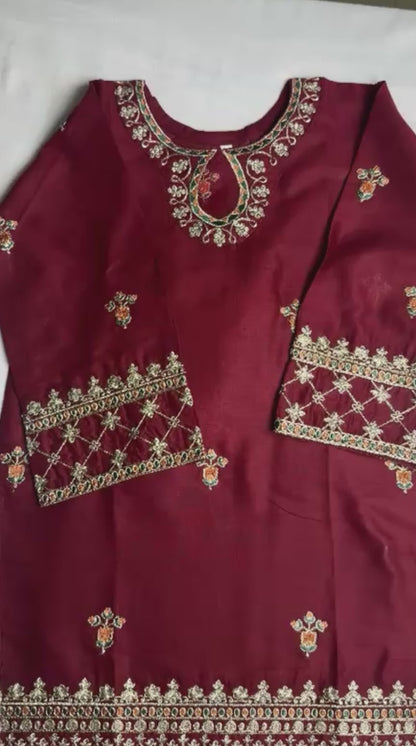 Maroon Bin Shaukat Pima Lawn Embroidered Stitched 2-Piece Suit