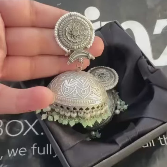 Silver and green-H&A Jewellery Oxidized Earrings