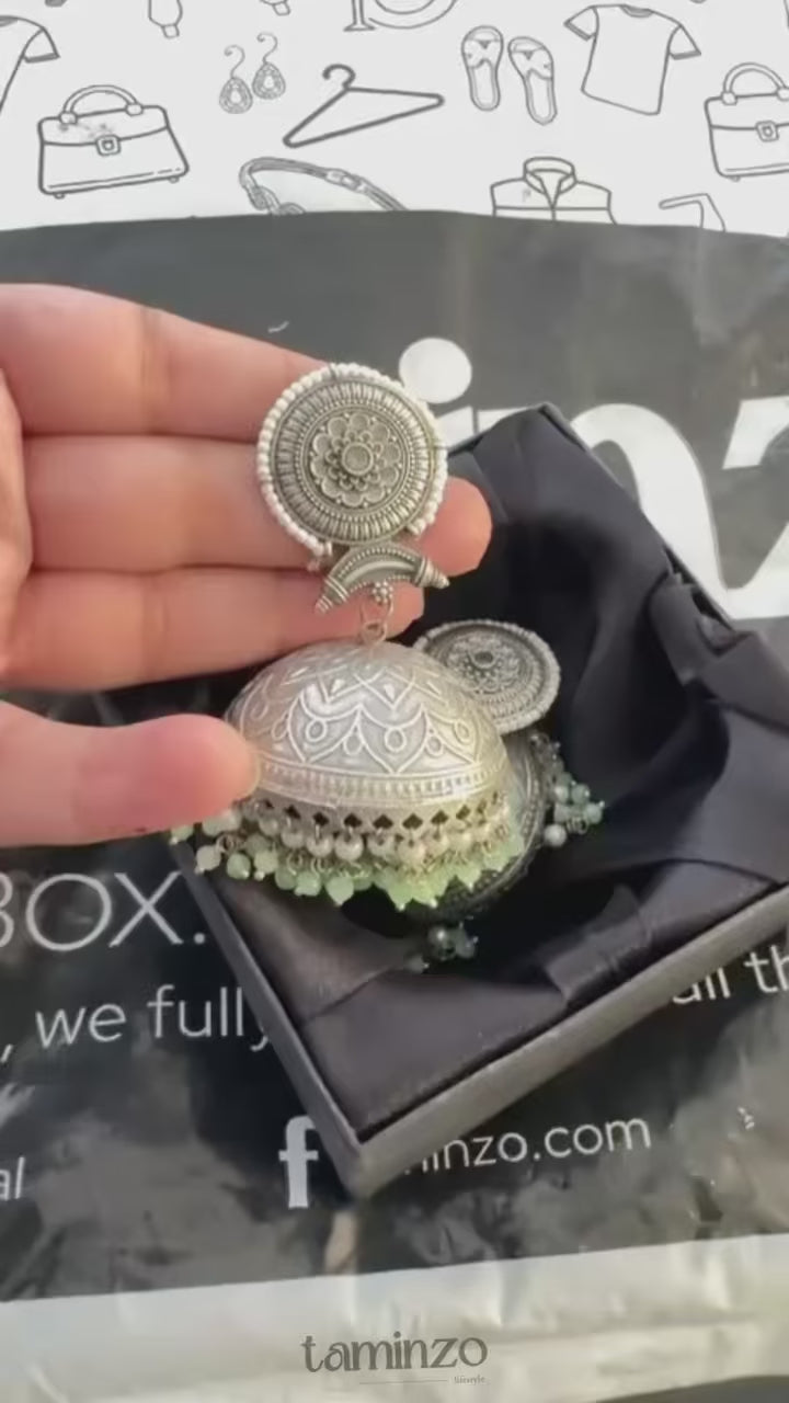 Silver and green-H&A Jewellery Oxidized Earrings