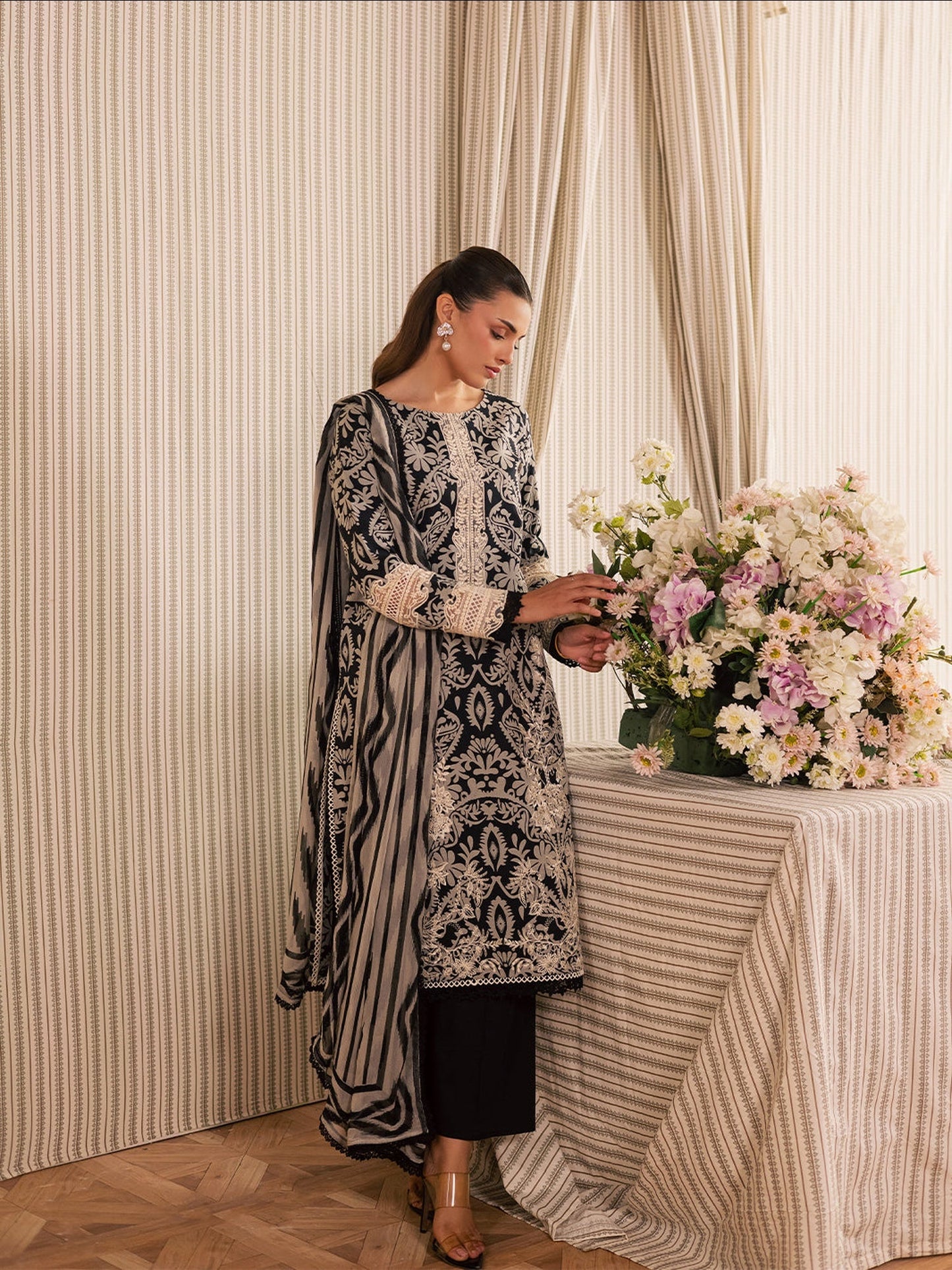 Black and Ivory Mahnur Jahaan Lawn'26 Embroidered Unstitched 3-Piece Suit-MJ-09