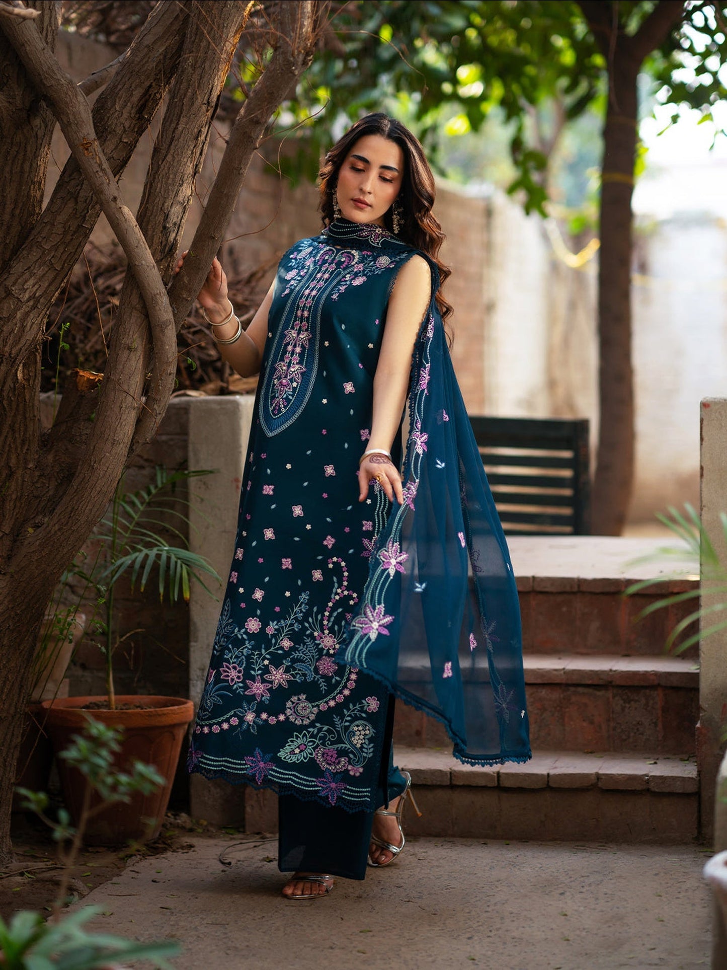 Blue Mahnur Satrangi Lawn'26 Embroidered Stitched 3-Piece Suit-ST-03