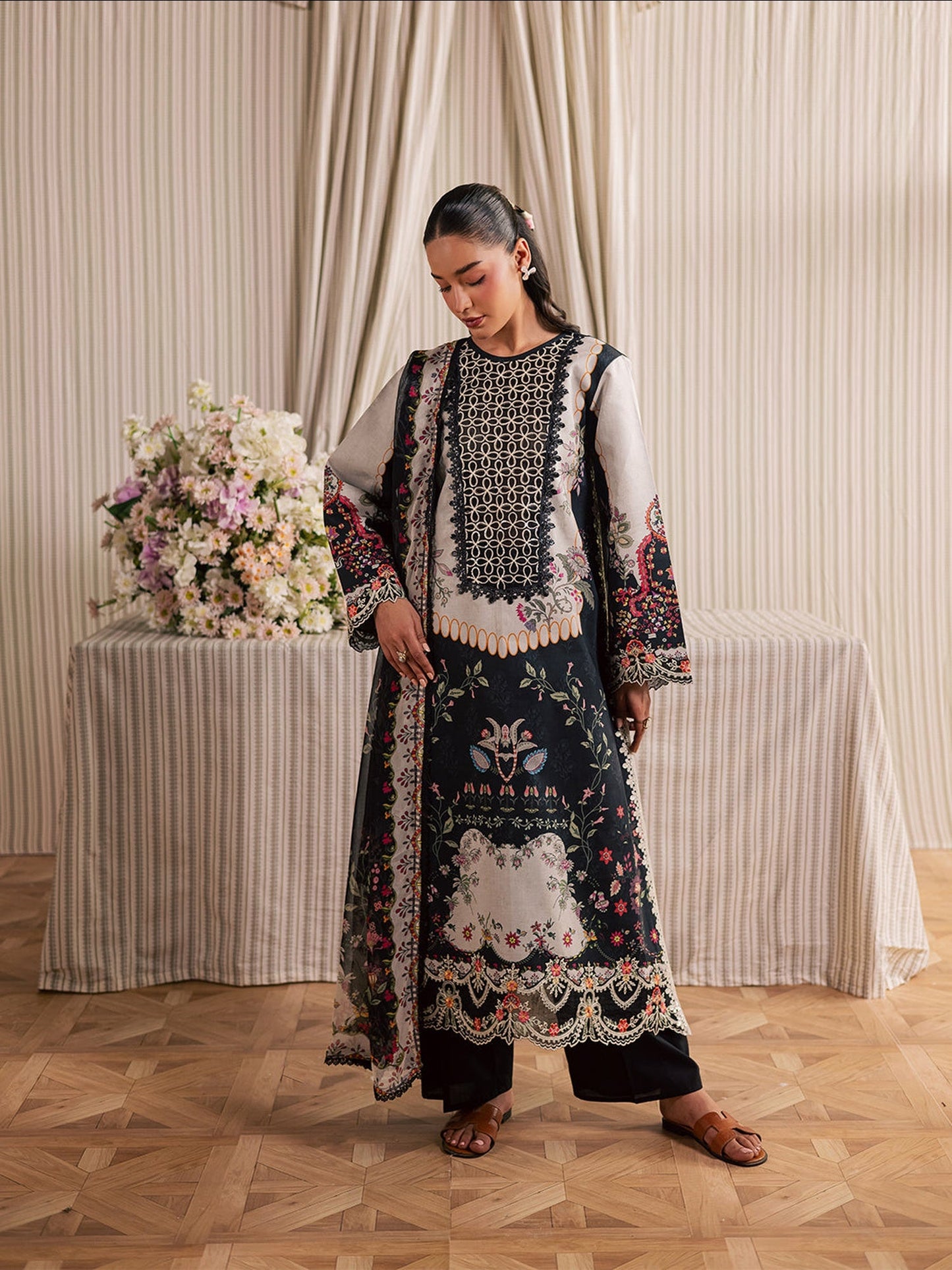 Black and Ivory Mahnur Jahaan Lawn'26 Embroidered Unstitched 3-Piece Suit-MJ-01