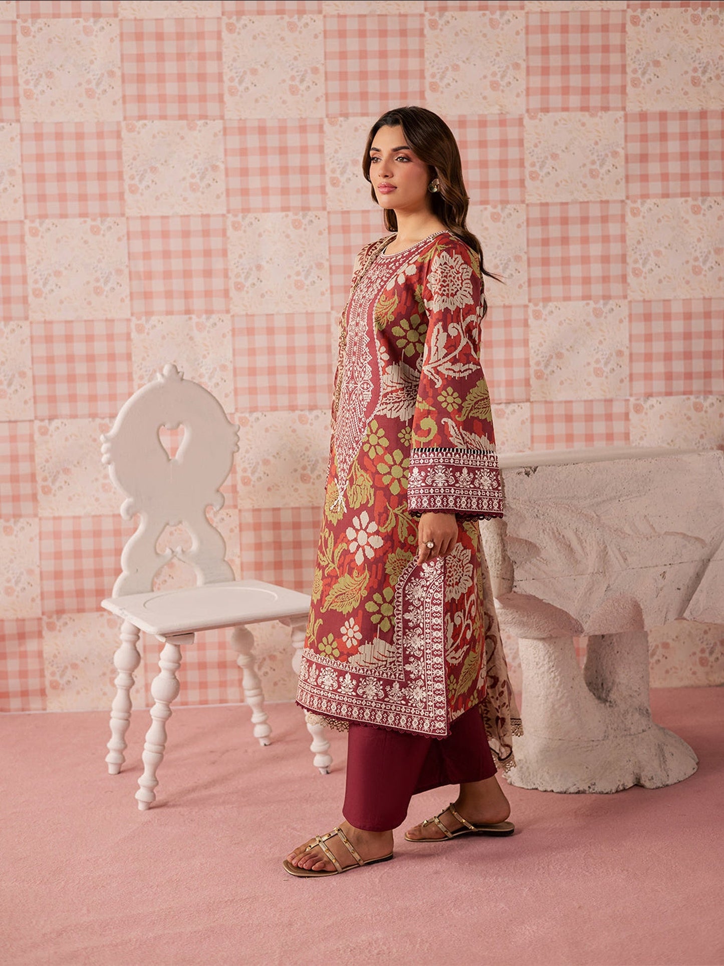 Maroon Mahnur Jahaan Lawn'26 Embroidered Unstitched 3-Piece Suit-MJ-05