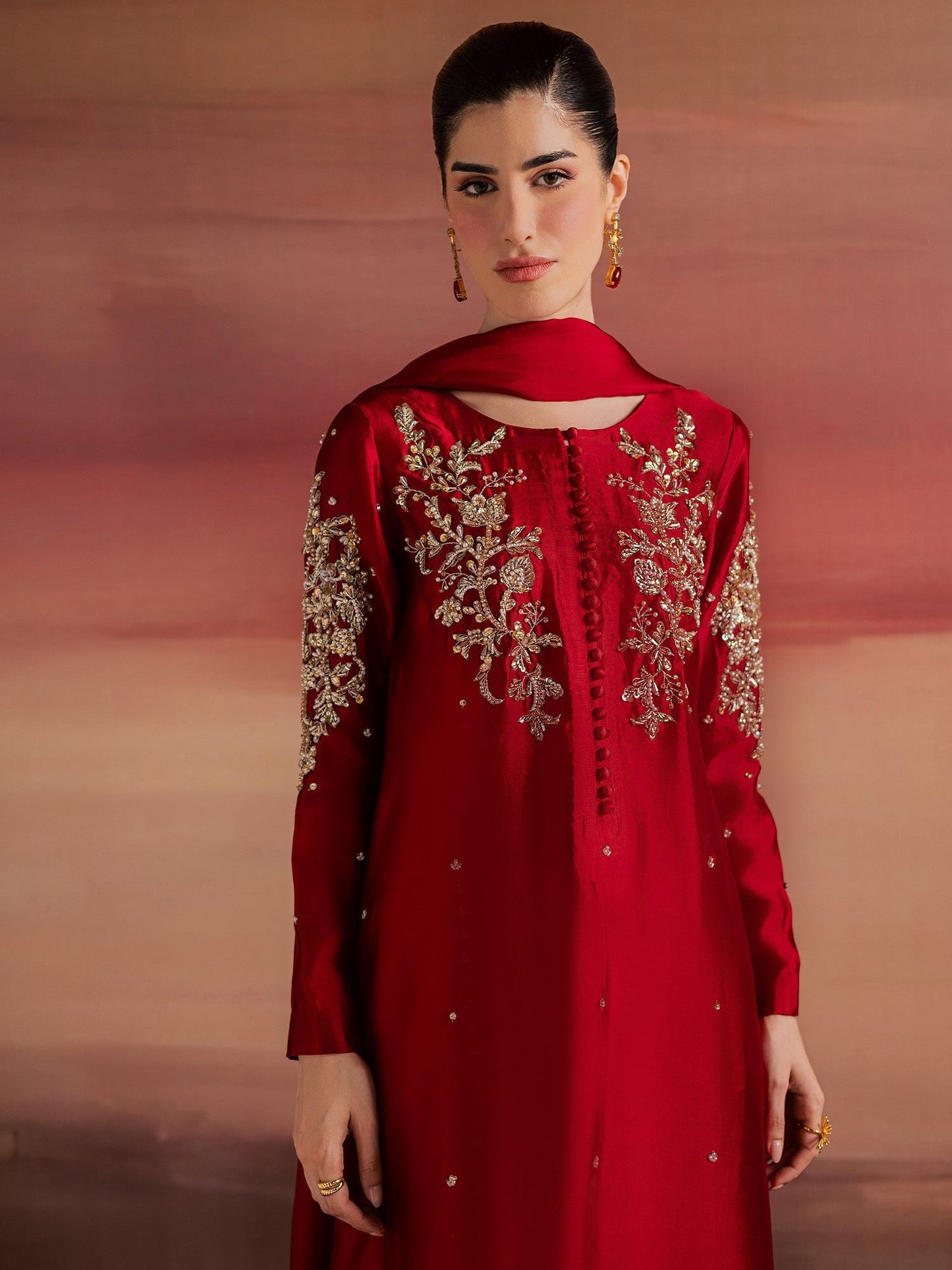 Red Allure By IH Full Circle Tussel Silk Embroidered Kaftan Set-Endless