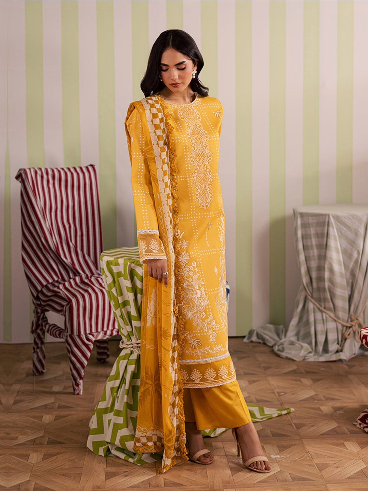 Yellow Mahnur Jahaan Lawn'26 Embroidered Unstitched 3-Piece Suit-MJ-03