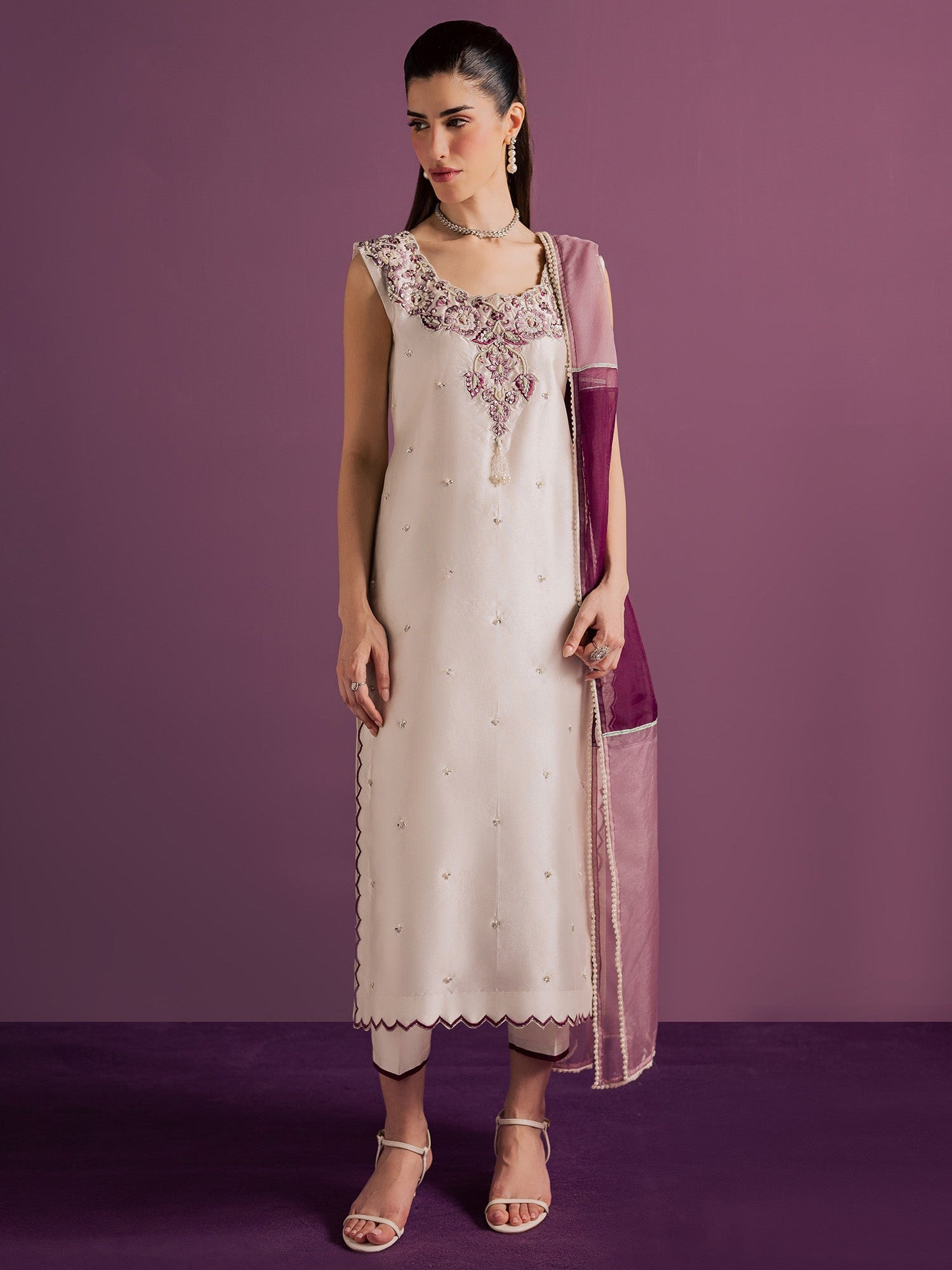 White Allure By IH Full Circle Tussel Silk Embellished Stitched 3-Piece Suit-Echo