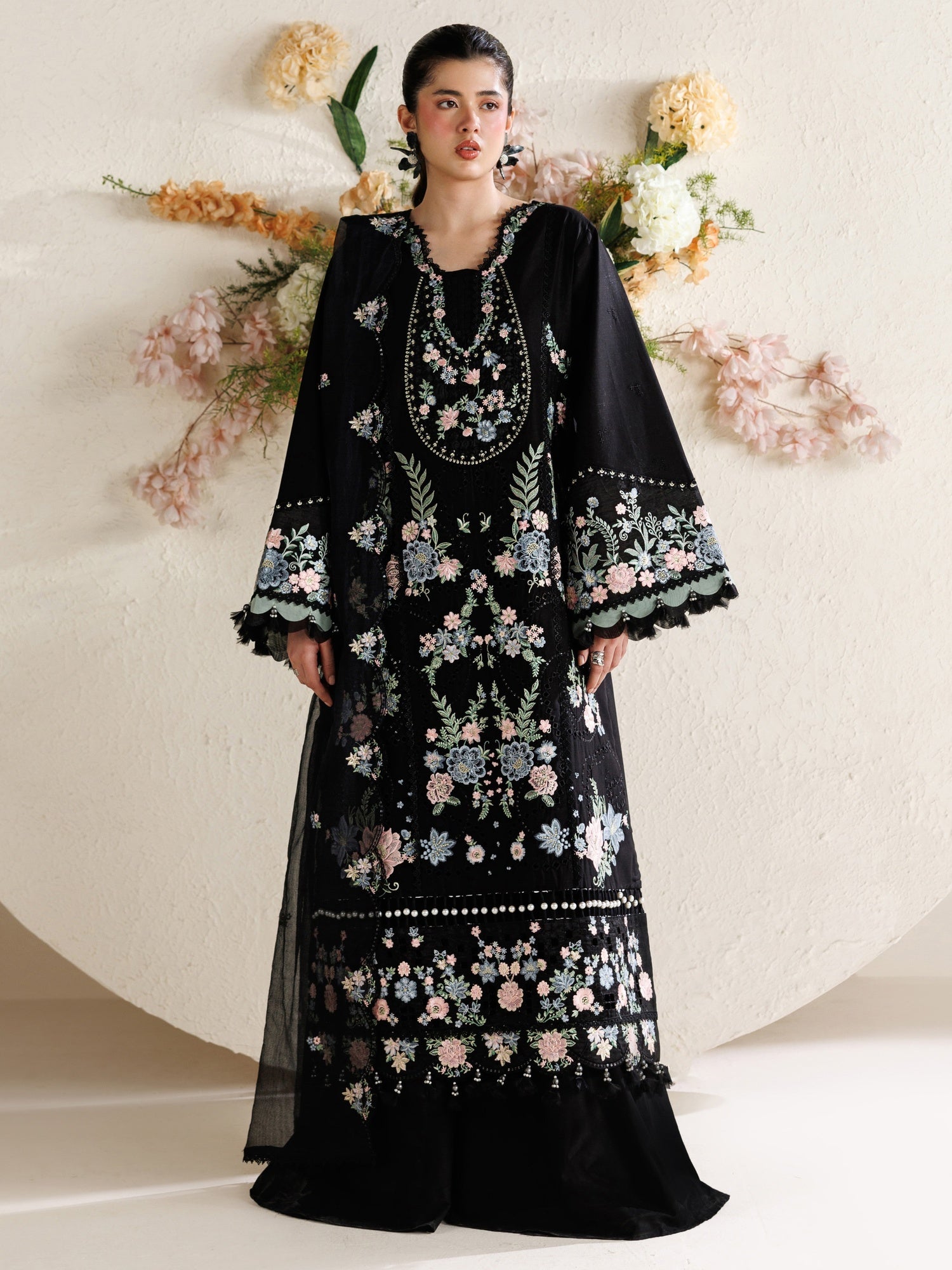 Black Parishay Marbella Summer Lawn‘26 Embroidered Unstitched 3-Piece Suit-MB-05
