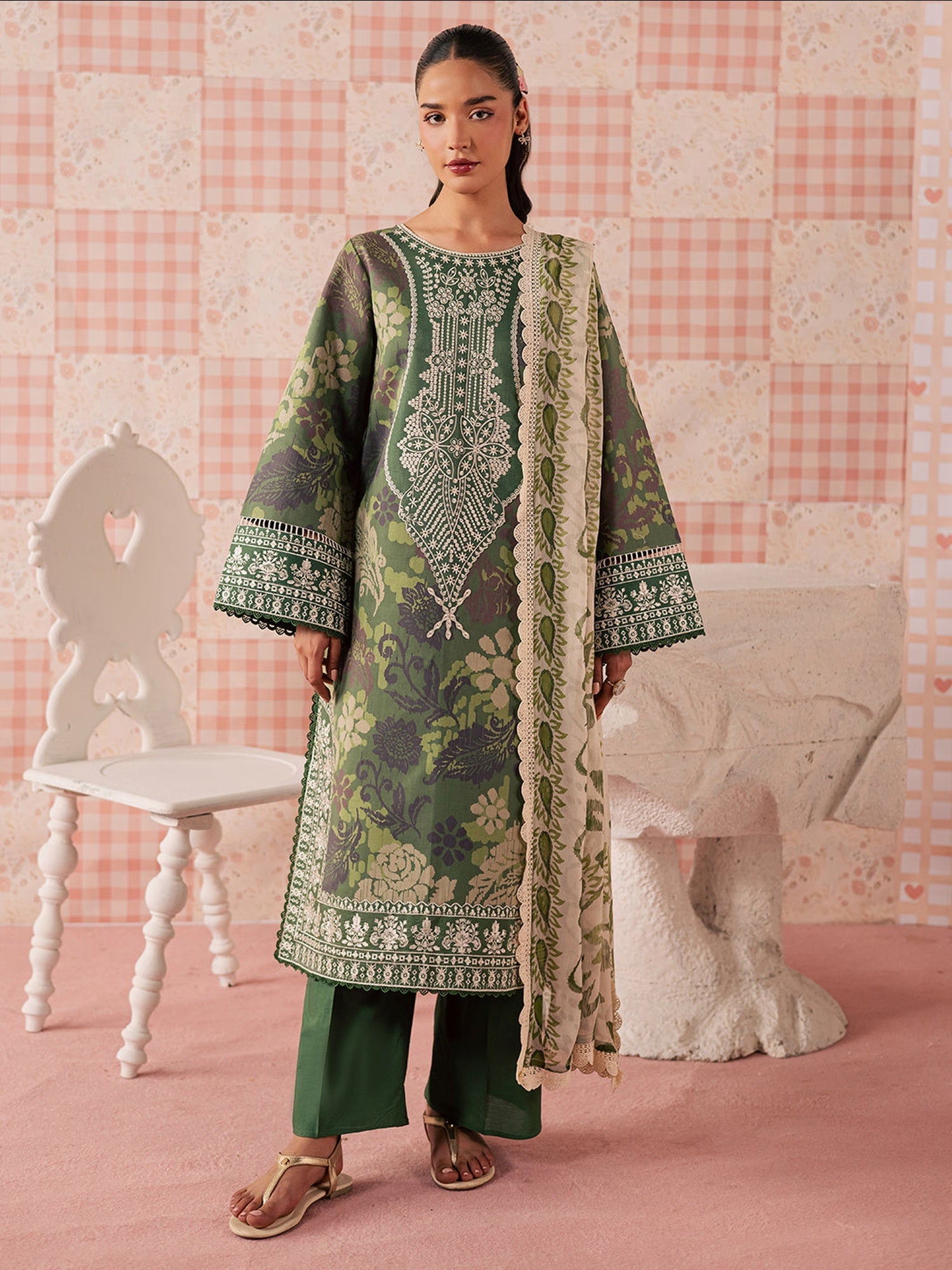 Green Mahnur Jahaan Lawn'26 Embroidered Stitched 3-Piece Suit-MJ-06