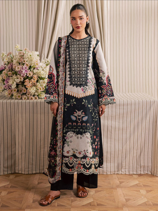 Black and Ivory Mahnur Jahaan Lawn'26 Embroidered Unstitched 3-Piece Suit-MJ-01