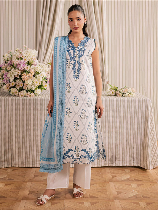 White and Blue Mahnur Afsana Lawn'26 Embroidered Unstitched 3-Piece Suit-AL-10