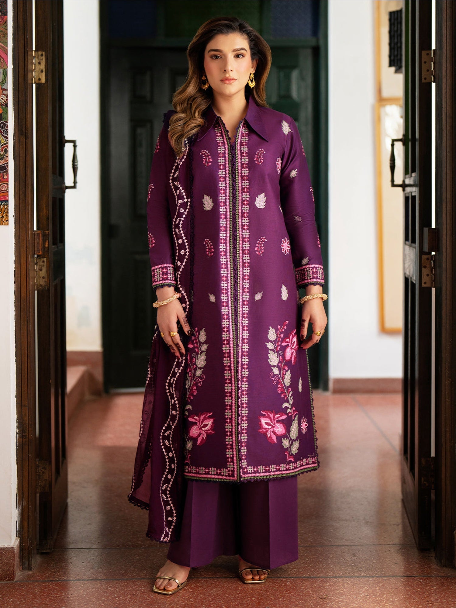 Purple Mahnur Satrangi Lawn'26 Embroidered Stitched 3-Piece Suit-ST-04