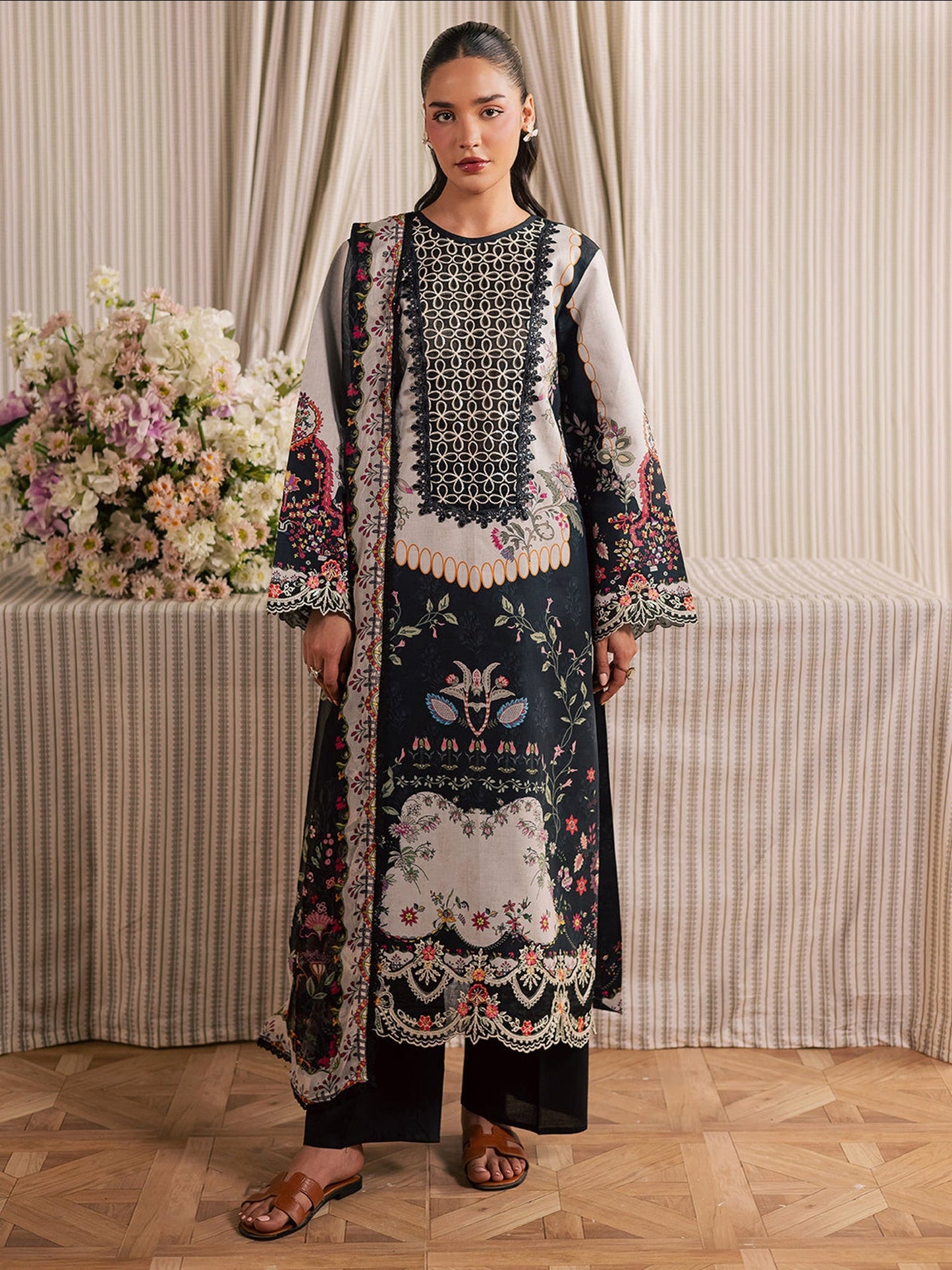 Black Mahnur Jahaan Lawn'26 Embroidered Stitched 3-Piece Suit-MJ-01