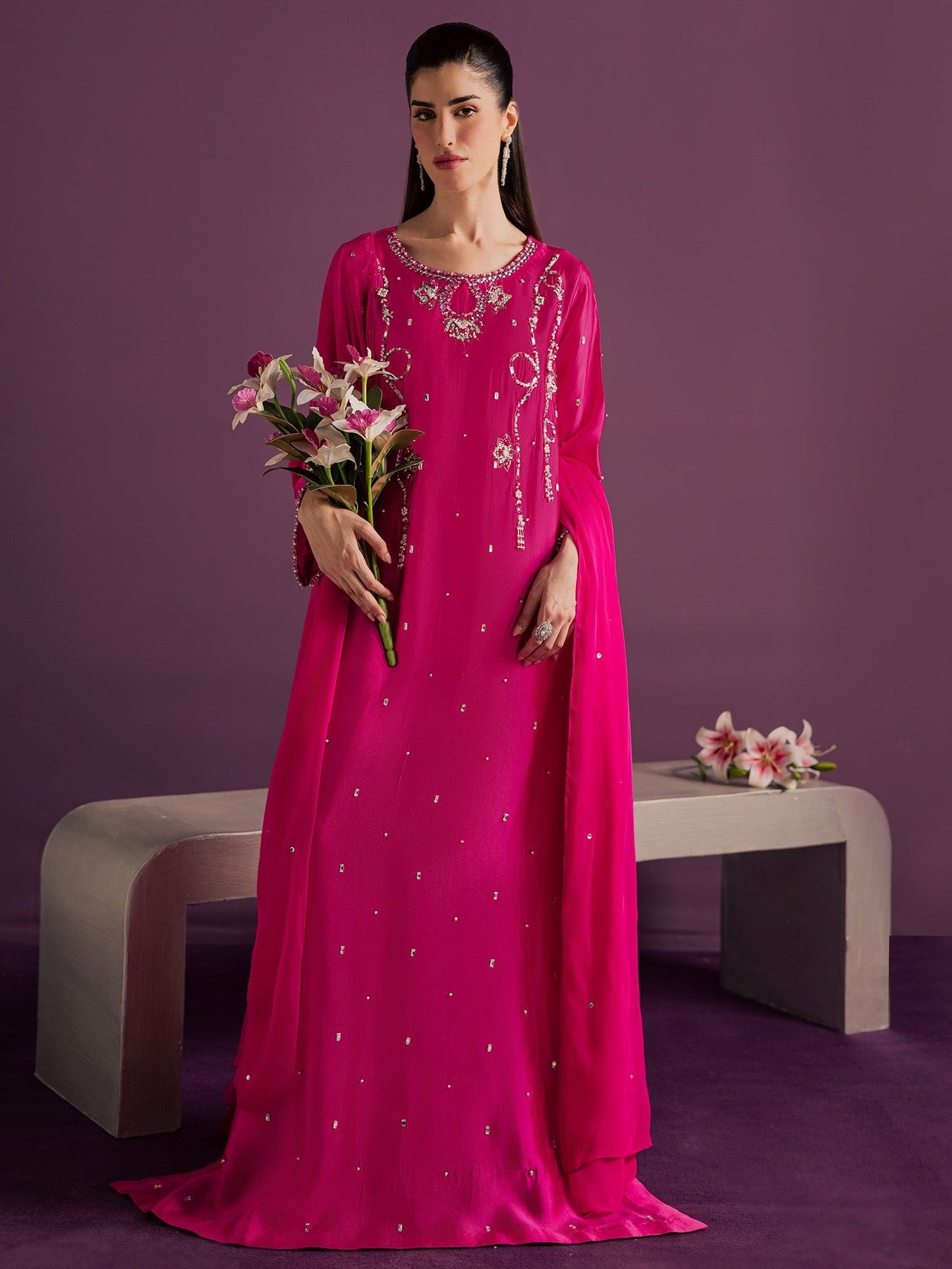 Pink Allure By IH Full Circle Tussel Silk Embroidered Kaftan Set-Orbit