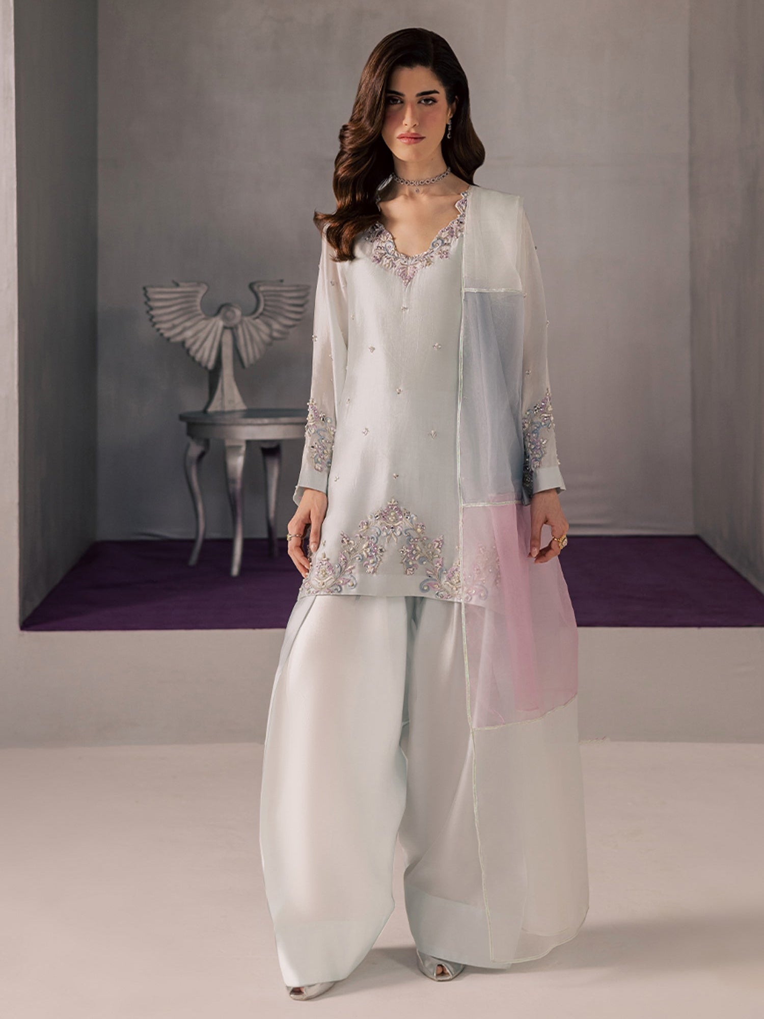 Blue Allure By IH Full Circle Tussel Silk Embellished Stitched 3-Piece Suit-Core