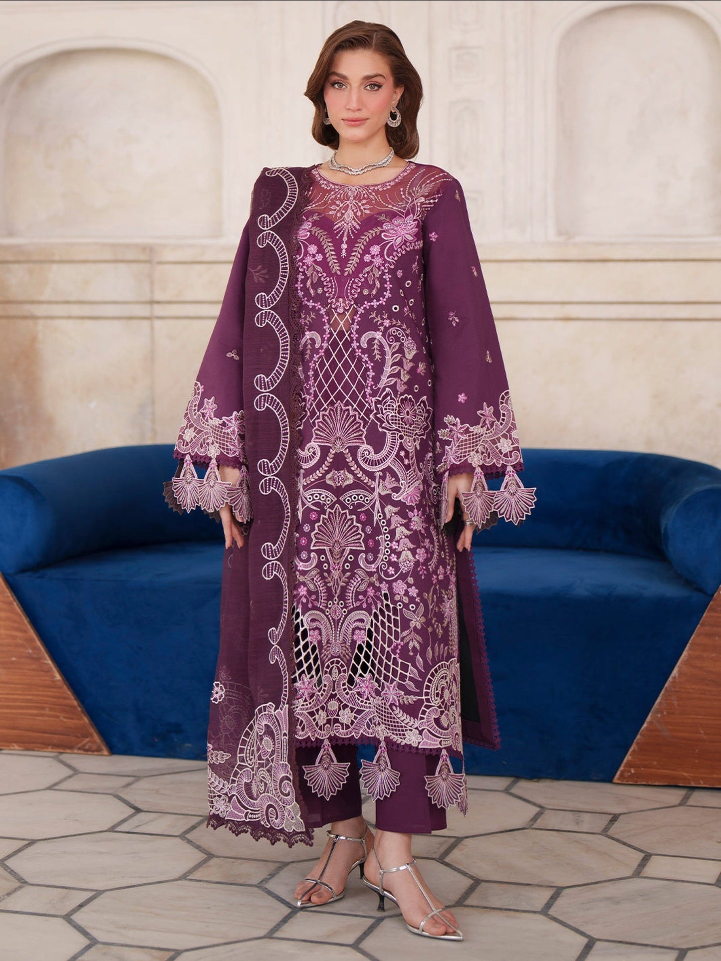 Purple Mahnur Nilofer Luxury Lawn'26 Embroidered Unstitched 3-Piece Suit-NL-10