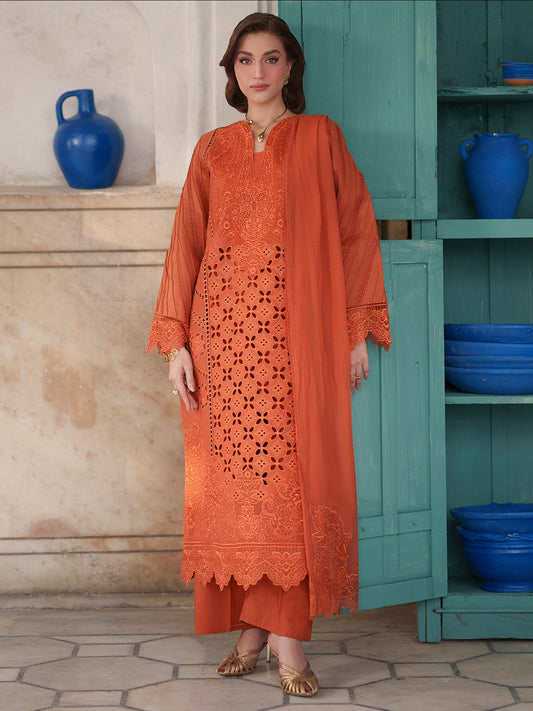Orange Mahnur Nilofer Luxury Lawn'26 Embroidered Unstitched 3-Piece Suit-NL-11