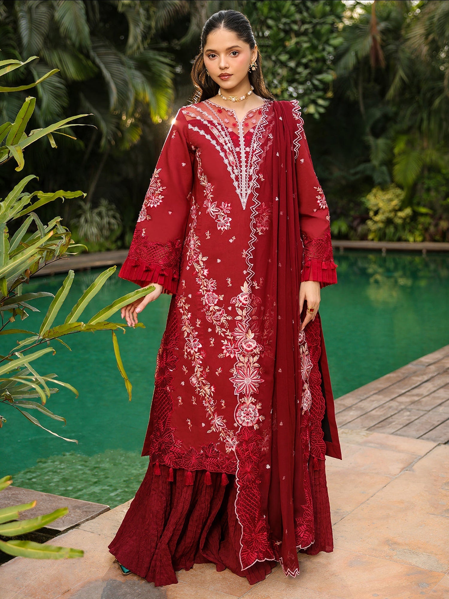 Red-Mahnur Shanaya Lawn Vol 2 Embroidered Stitched 3-Piece Suit-SH-05