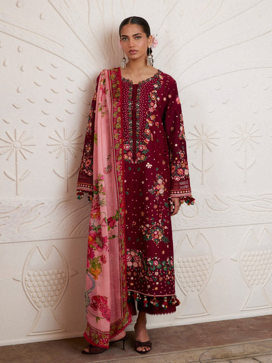 Maroon Hussain Rehar Zan SS'26 Lawn Embroidered Unstitched 3-Piece Suit-Kestane