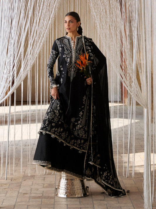 Black Hussain Rehar Zan SS'26 Lawn Embroidered Unstitched 3-Piece Suit-Meshki