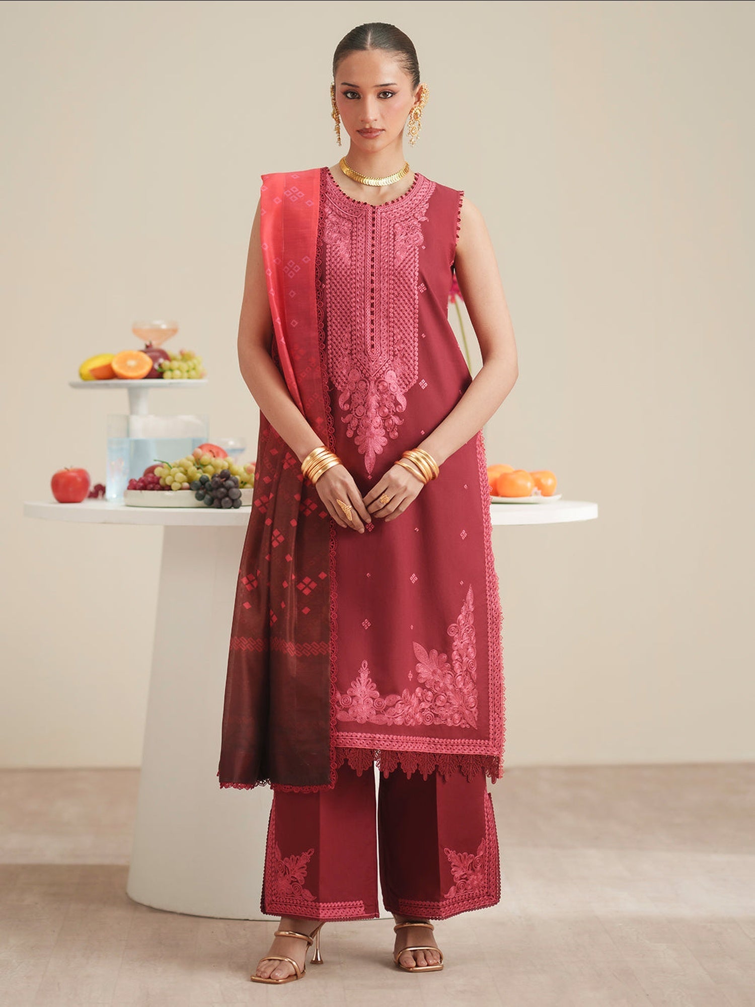 Maroon Binilyas Jojo Summer'26 Lawn Embroidered Unstitched 3-Piece Suit-763