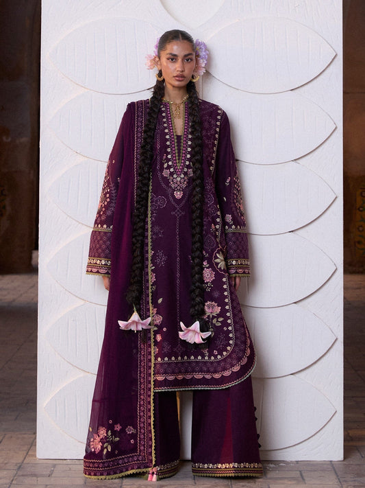 Purple Hussain Rehar Zan SS'26 Lawn Embroidered Unstitched 3-Piece Suit-Banafsh