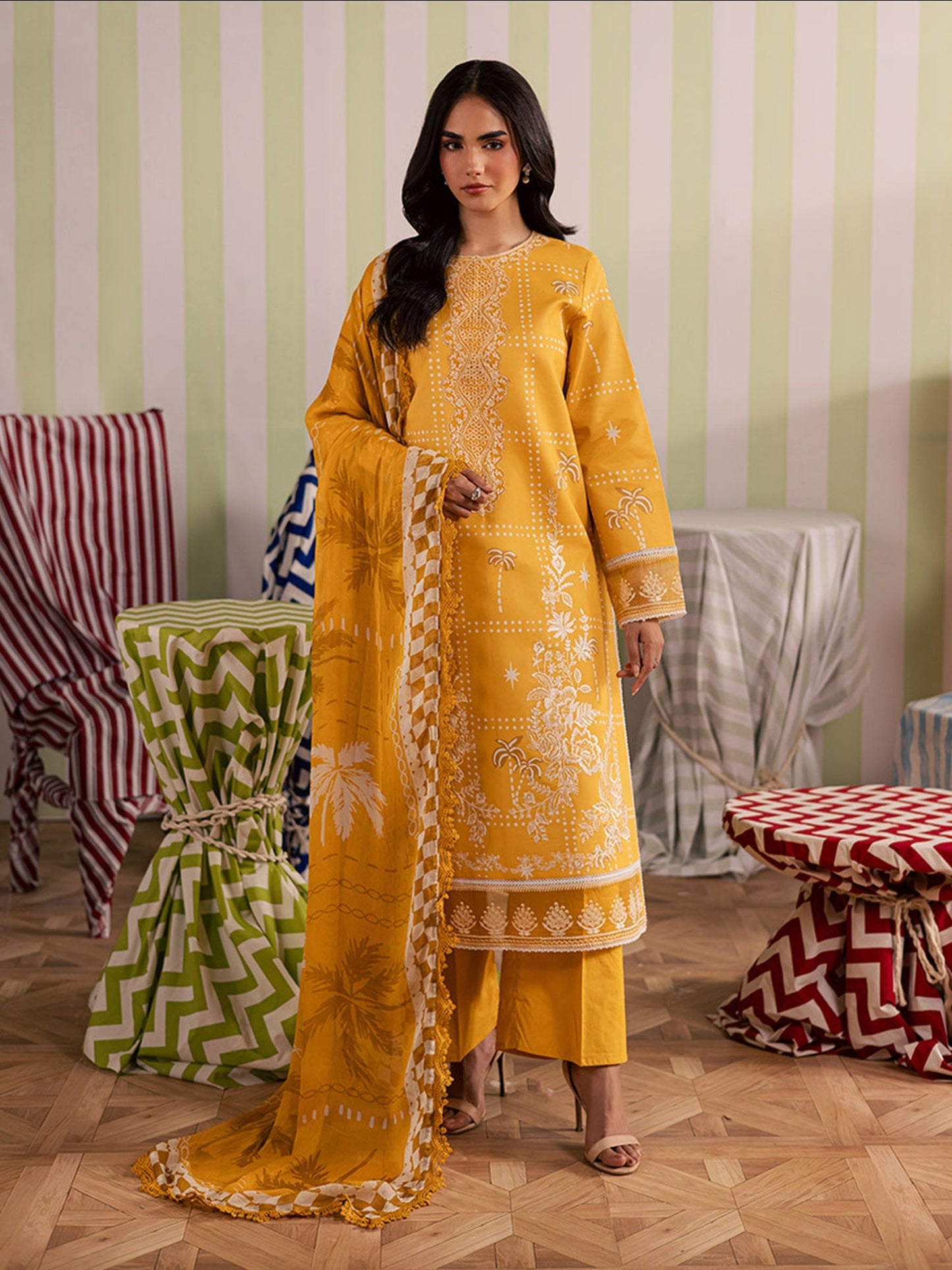 Yellow Mahnur Jahaan Lawn'26 Embroidered Stitched 3-Piece Suit-MJ-03