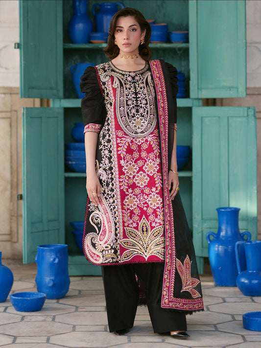 Black Pink Mahnur Nilofer Luxury Lawn'26 Embroidered Unstitched 3-Piece Suit-NL-12