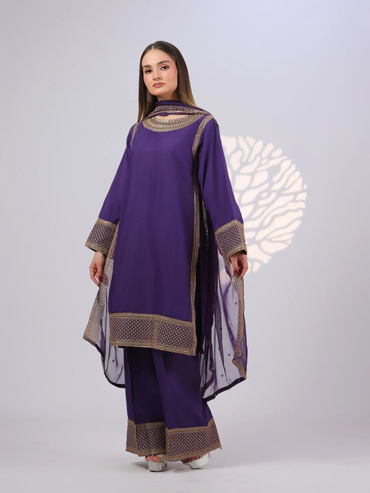 Purple MAK Fashion Noor Luxe Raw Silk Embroidered Stitched 3-Piece Suit-Zarkaash
