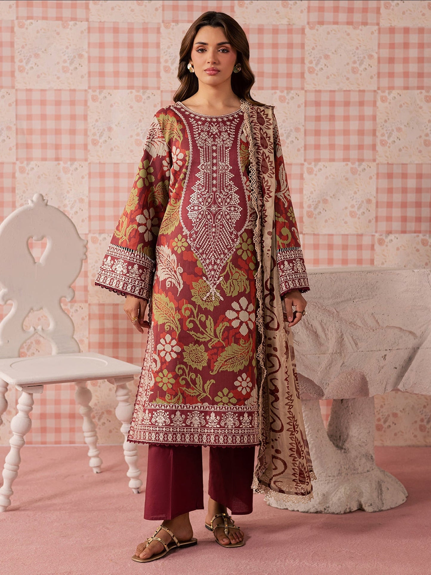 Maroon Mahnur Jahaan Lawn'26 Embroidered Unstitched 3-Piece Suit-MJ-05