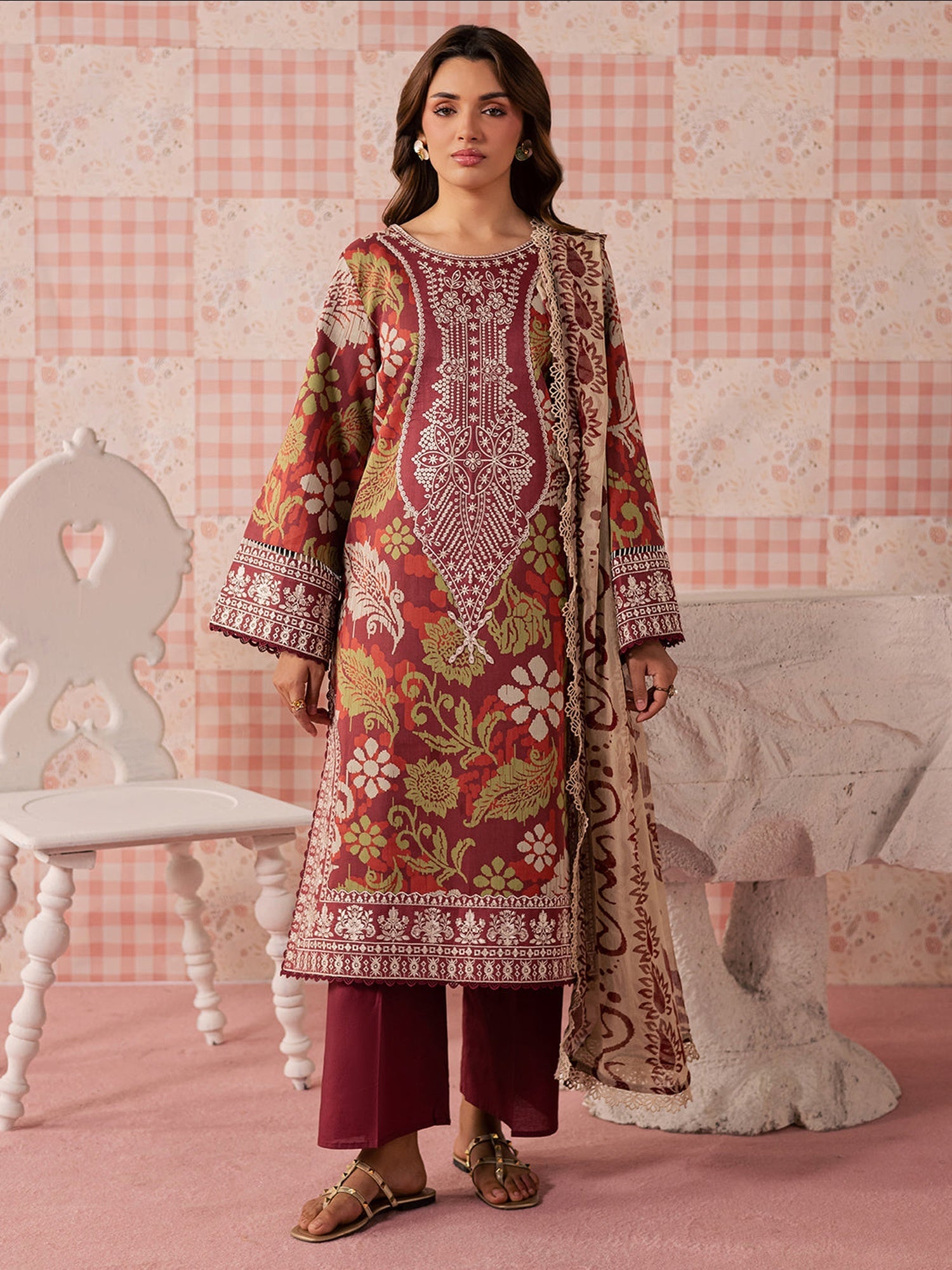 Maroon Mahnur Jahaan Lawn'26 Embroidered Unstitched 3-Piece Suit-MJ-05