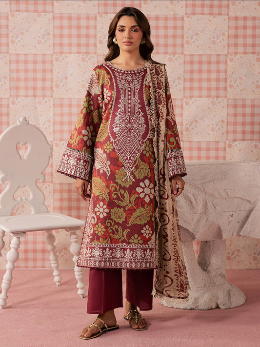 Maroon Mahnur Jahaan Lawn'26 Embroidered Unstitched 3-Piece Suit-MJ-05