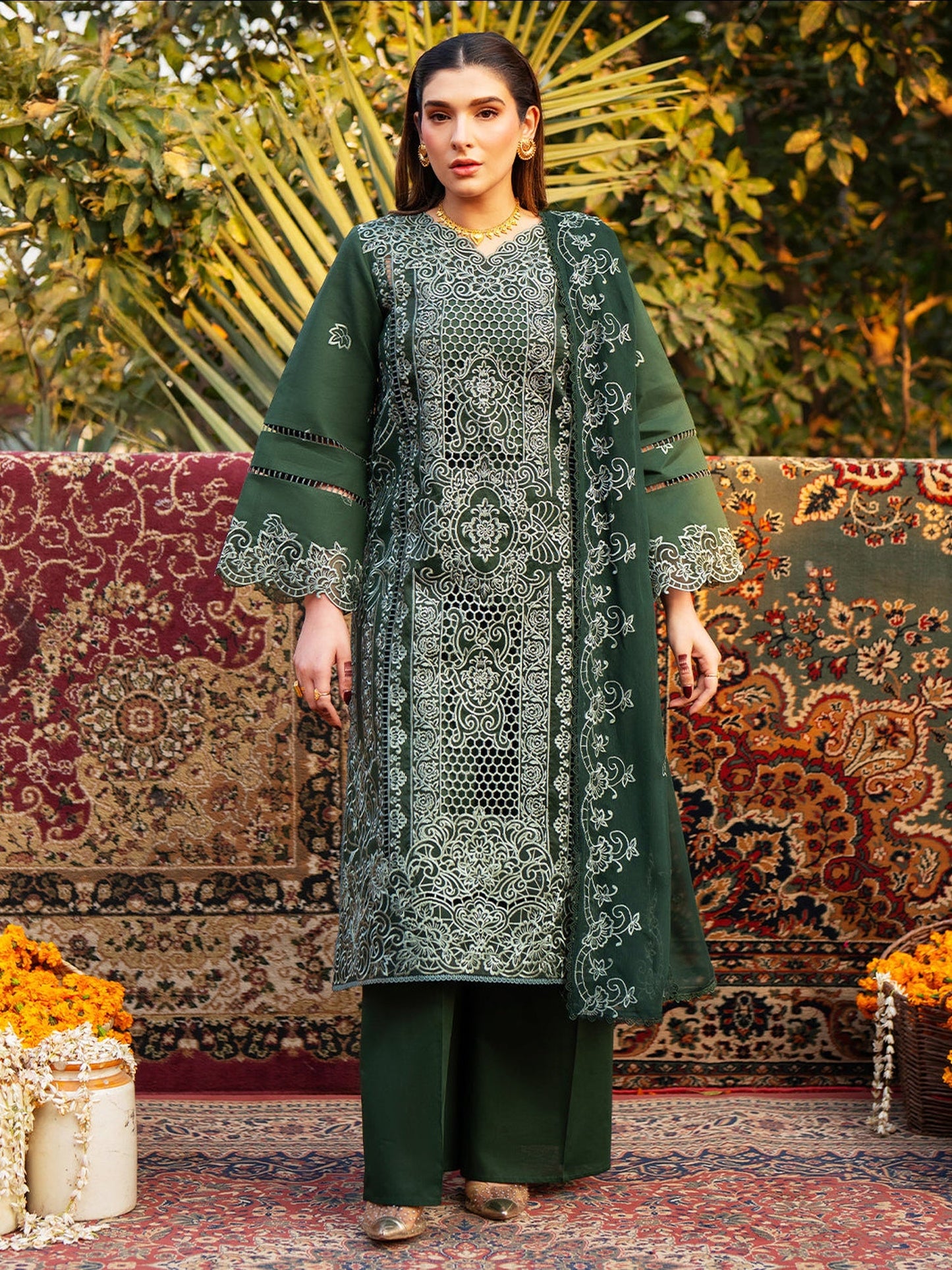 Green Mahnur Satrangi Lawn'26 Embroidered Stitched 3-Piece Suit-ST-08
