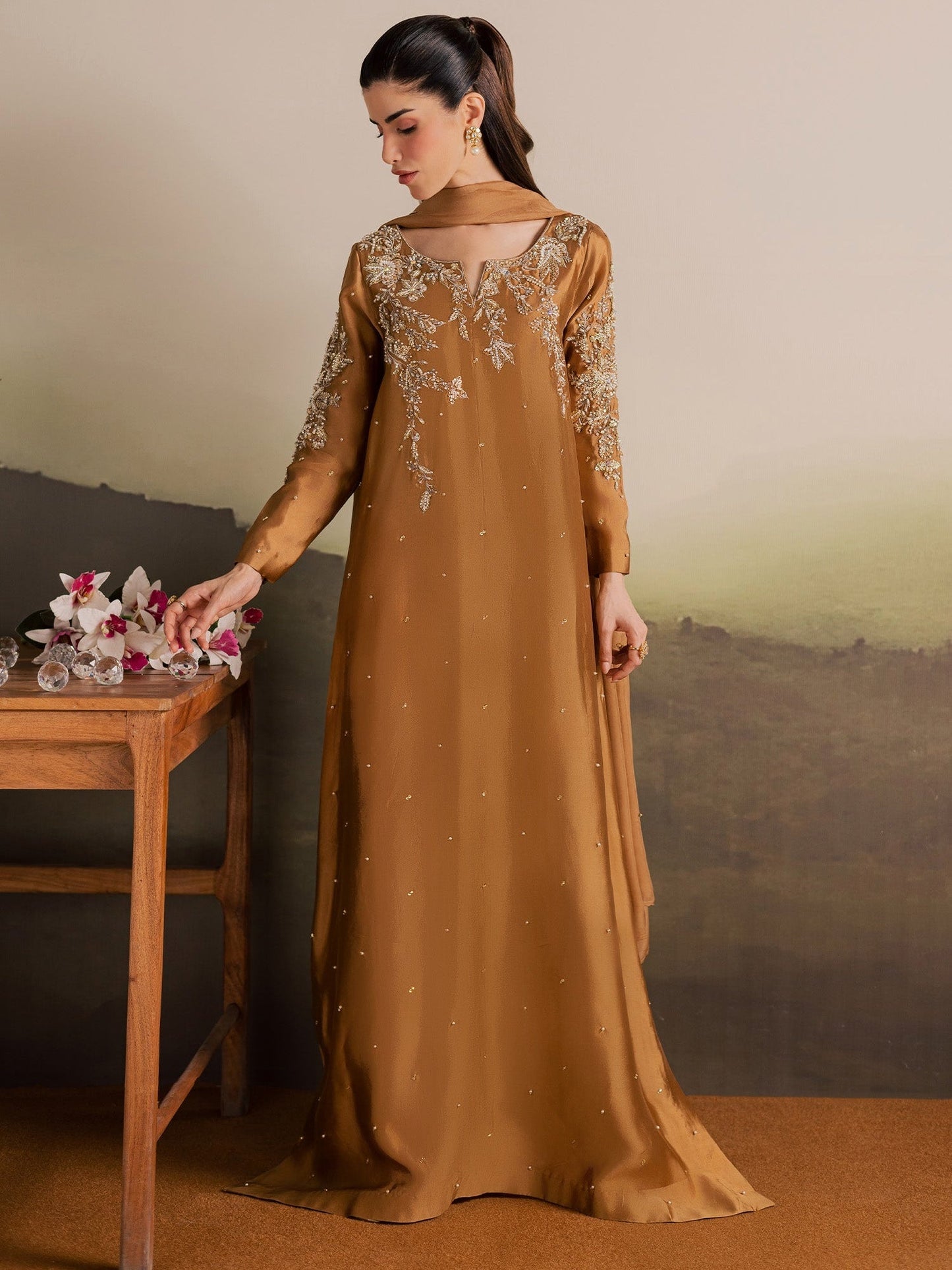 Brown Allure By IH Full Circle Tussel Silk Embroidered Kaftan Set-Gentle