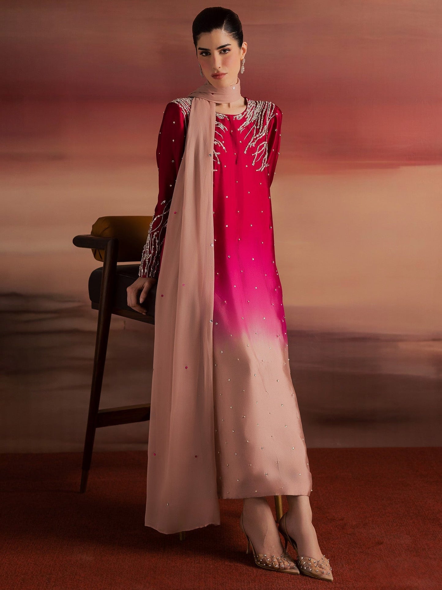 Pink Peach Allure By IH Full Circle Tussel Silk Embellished Stitched 3-Piece Suit-Balance