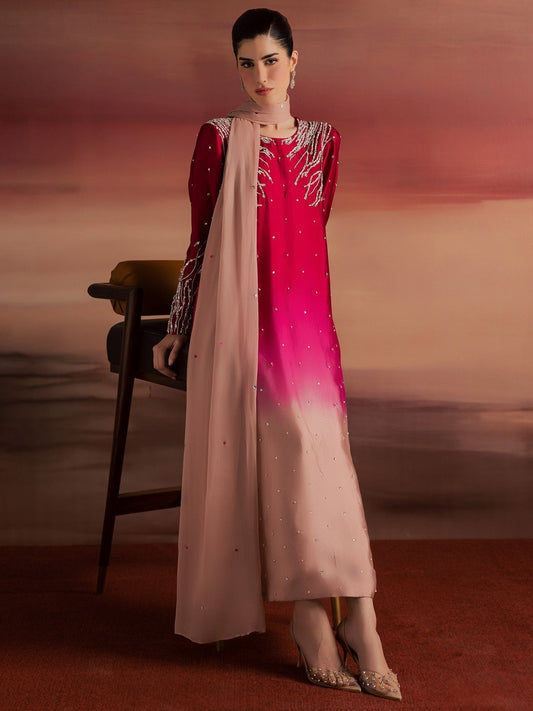 Pink Peach Allure By IH Full Circle Tussel Silk Embellished Stitched 3-Piece Suit-Balance