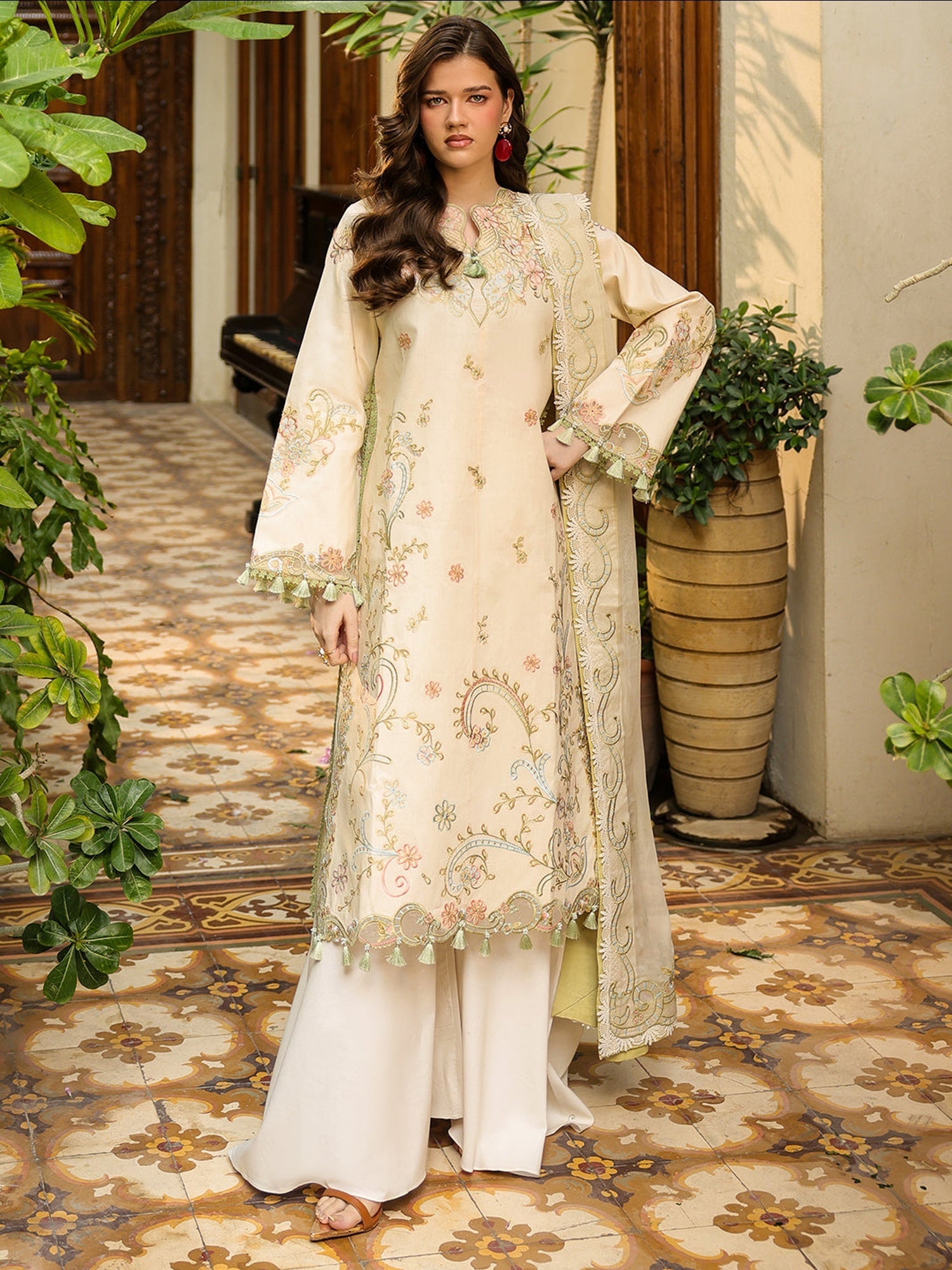 Cream-Mahnur Shanaya Lawn Vol 2 Embroidered Stitched 3-Piece Suit-SH-11