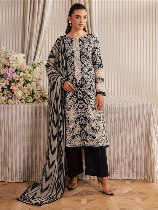 Black and Ivory Mahnur Jahaan Lawn'26 Embroidered Unstitched 3-Piece Suit-MJ-09