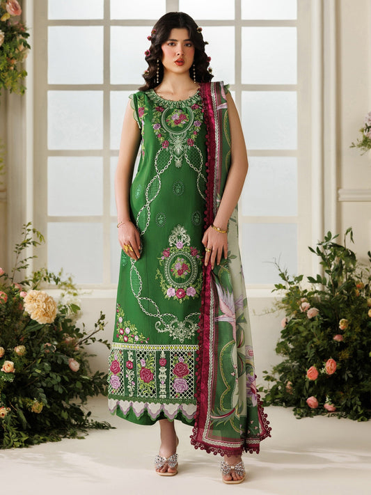 Green Parishay Marbella Summer Lawn‘26 Embroidered Unstitched 3-Piece Suit-MB-04