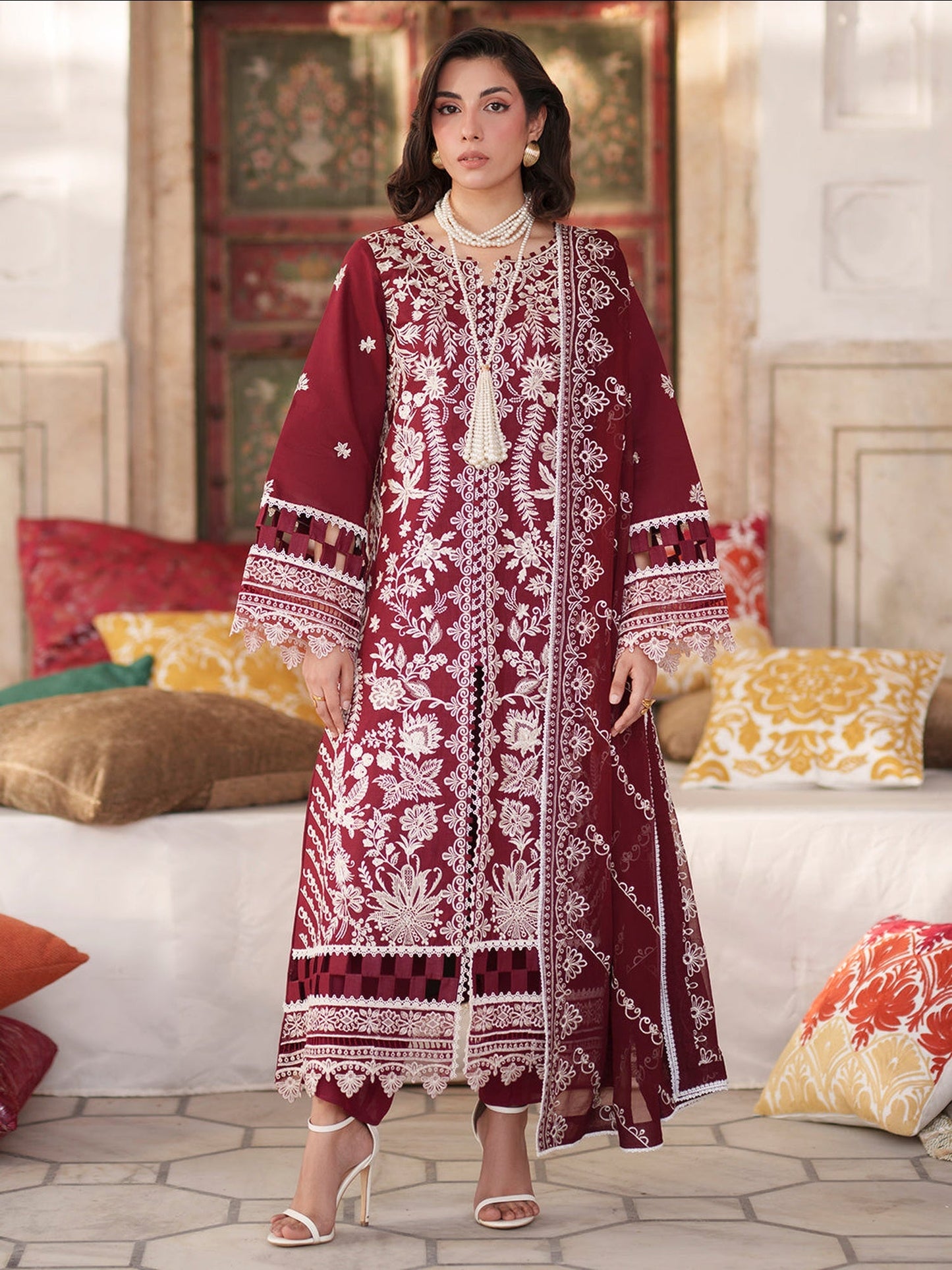 Maroon Mahnur Nilofer Luxury Lawn'26 Embroidered Unstitched 3-Piece Suit-NL-08