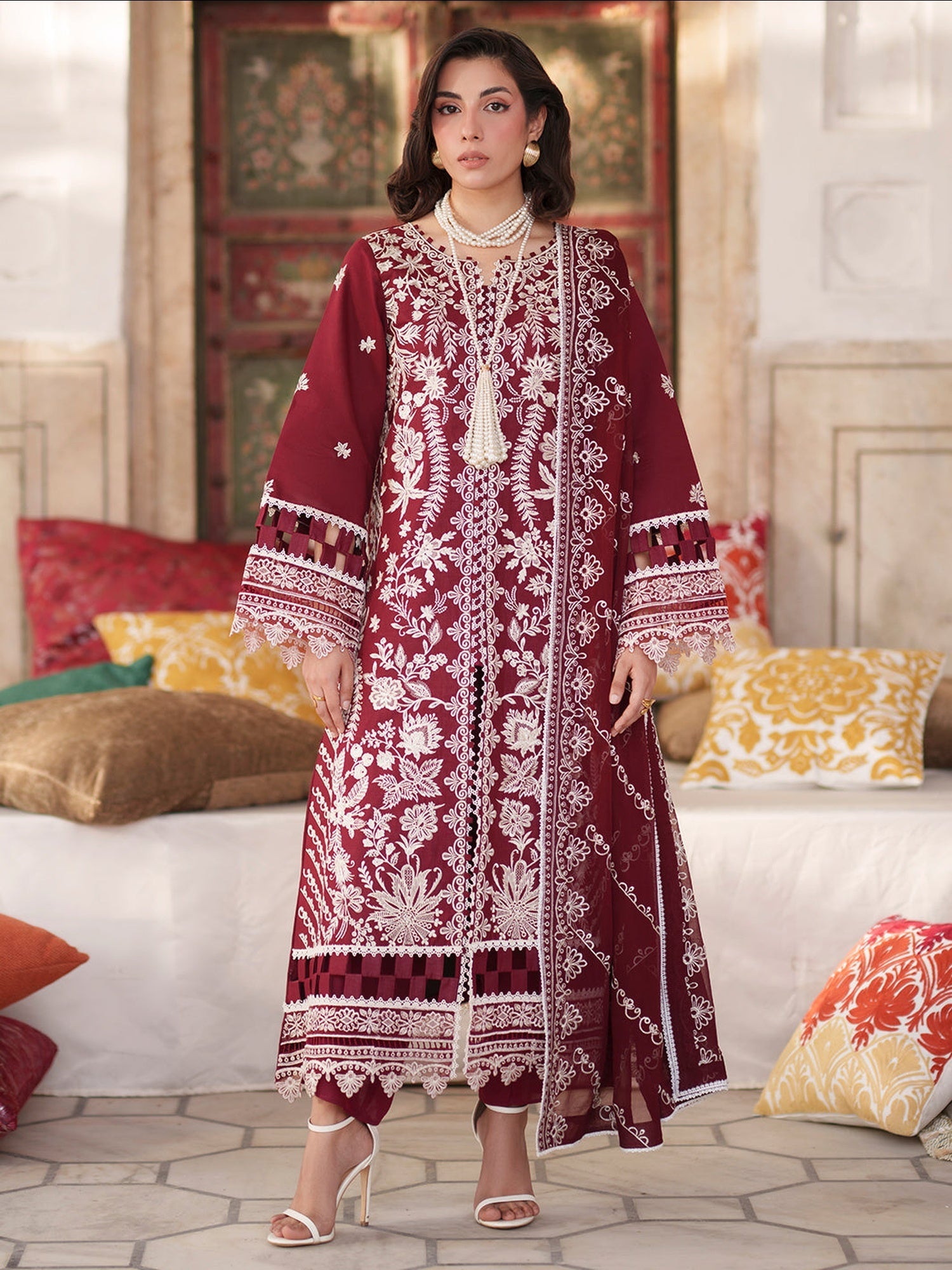 Maroon Mahnur Nilofer Luxury Lawn'26 Embroidered Unstitched 3-Piece Suit-NL-08