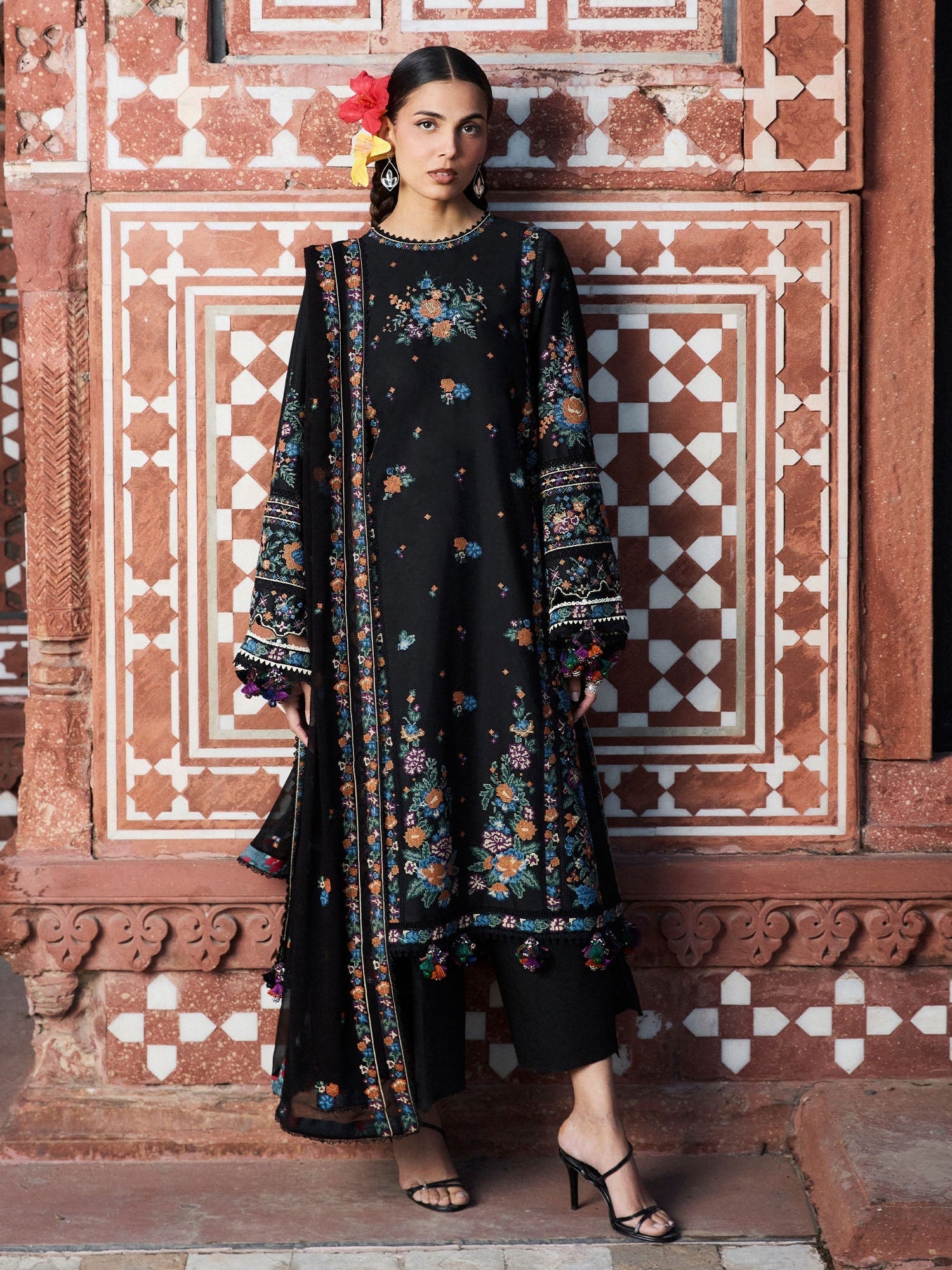 Black Hussain Rehar Zan SS'26 Lawn Embroidered Unstitched 3-Piece Suit-Aswa