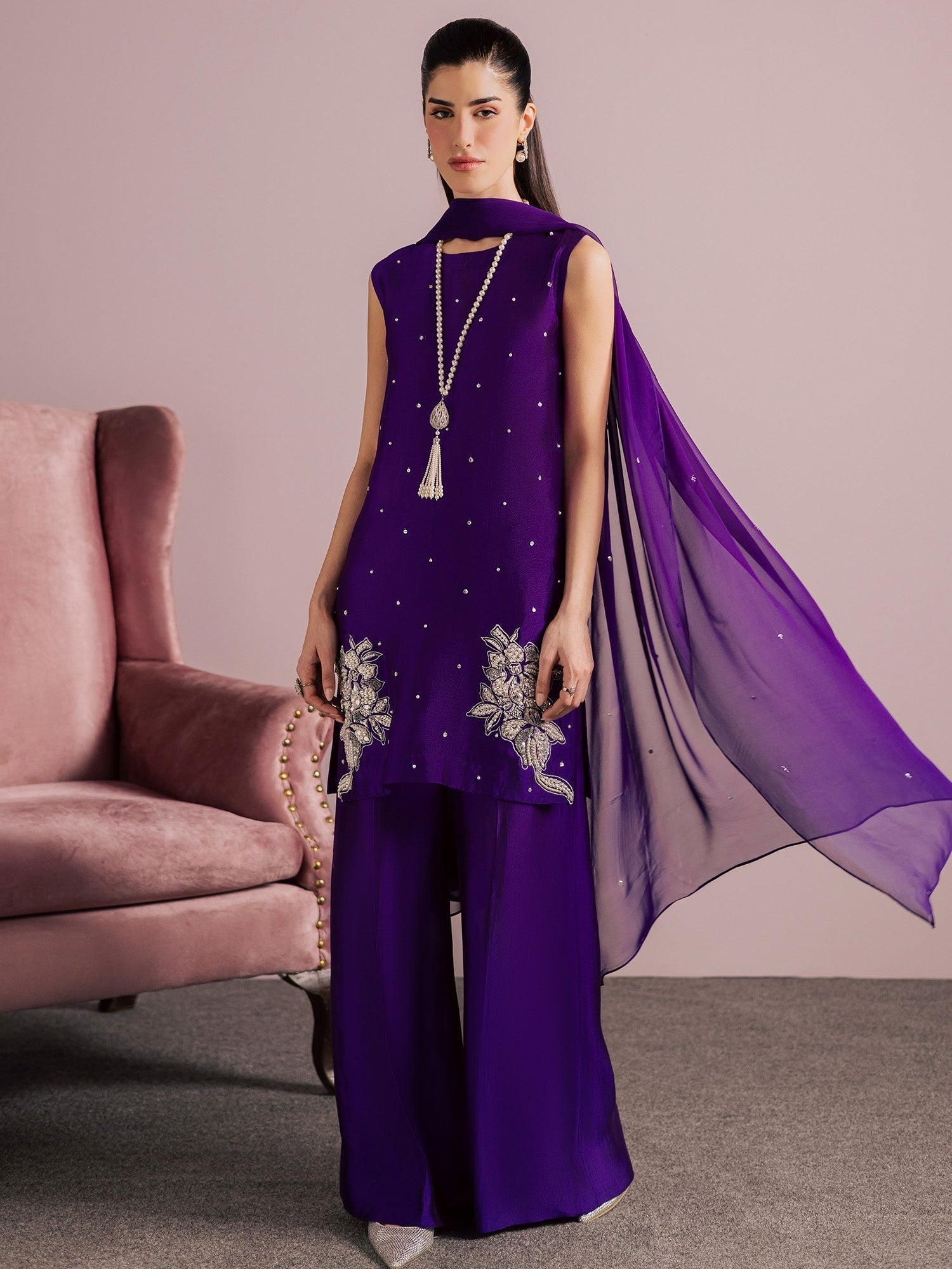 Purple Allure By IH Full Circle Tussel Silk Embellished Stitched 3-Piece Suit-Luxe