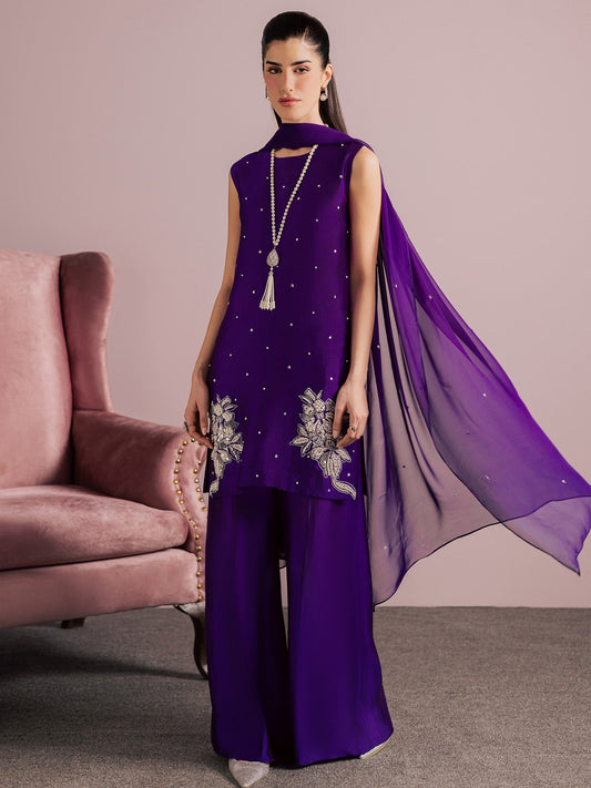 Purple Allure By IH Full Circle Tussel Silk Embellished Stitched 3-Piece Suit-Luxe
