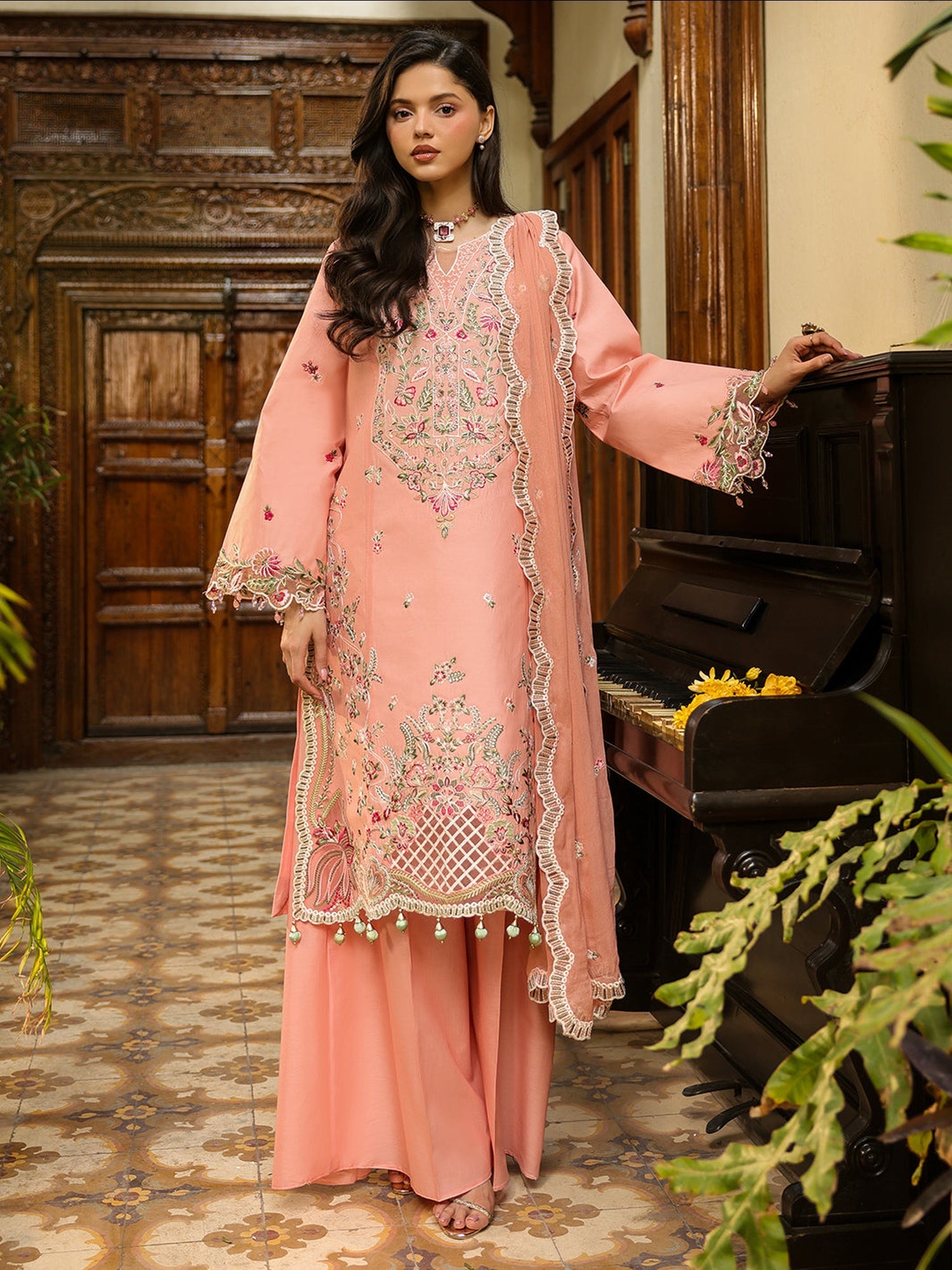 Peach-Mahnur Shanaya Lawn Vol 2 Embroidered Stitched 3-Piece Suit-SH-14